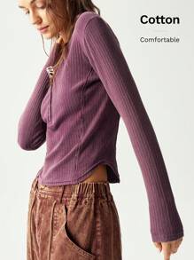 Bohemela Boho 1pc Women Plain Knitted Half Placket Long Sleeve Fitted T-Shirt - Red Violet - View 2