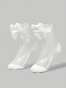 ROMWE Kawaii 1pair Rabbit Ear Design Mid-Calf Socks, Cute Bowknot Glass Stockings For Women, JK Style - White - View 1