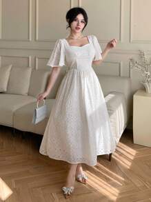 DAZY 女士方领荷叶边袖褶饰中长连衣裙