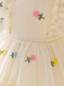 SHEIN Glamorique Kids 女婴四季刺绣装饰公主裙，盖袖收腰派对礼服，复活节 - 杏色 - 查看 6