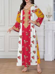 Al Najma 女士花卉印花 V 领长袖阿拉伯连衣裙，素雅长袍 - 彩色 - 查看 3