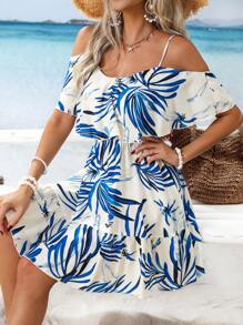 SHEIN VCAY Vacation Woven Printed Halter Bodycon Mini Dress For Women