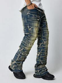 ROMWE MEN Grunge Punk Men's Grunge Button Front Pocket Frayed Edge Patchwork Casual Jeans