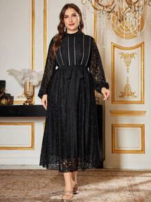Modelyn Plus Size Elegant Floral Lace Patchwork Silver Ribbon Dress - Black - View 3