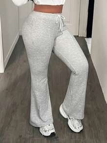 BamGleam Casual Drawstring Waist Slimming Flare Hem Sweatpants - White - View 3