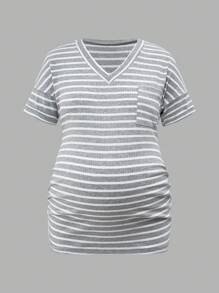 SHEIN Top ajustado de manga corta con escote en V para maternidad, uso casual diario - Blanco y Negro - Ver 14