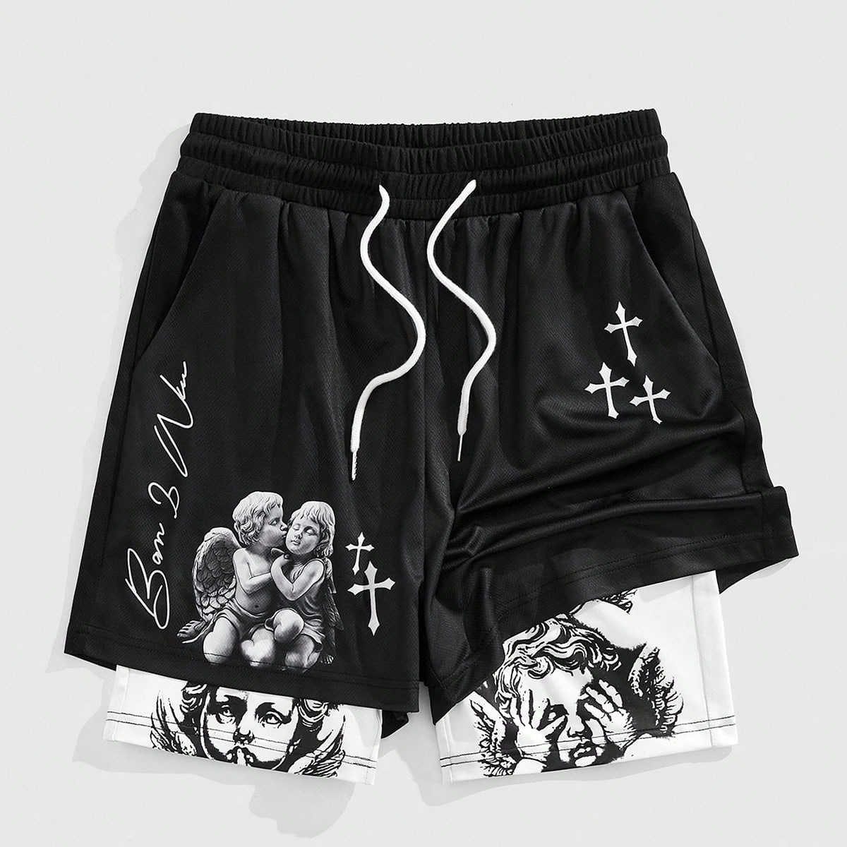 Pantalones cortos deportivos casuales con cordón en la cintura, con estampado de letras y cruces para hombres
