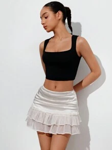 Chiquease Playful & Cute Ruffled Low Waist Flounce Hem A-Line Mini Skirt For Women - Apricot - View 3
