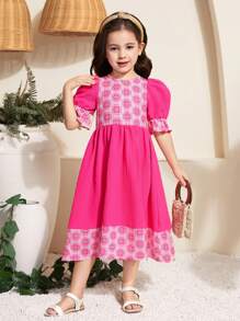 SHEIN Young Girl Print Patchwork Blouson Sleeve Round Neck Dress, Easter - Pink - View 5