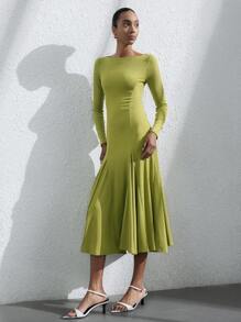 Aveloria Modichic Elegant French Style Waist Cinched Long Sleeve Crew Neck A-Line Dress, Slimming And Suitable For Resort Wear