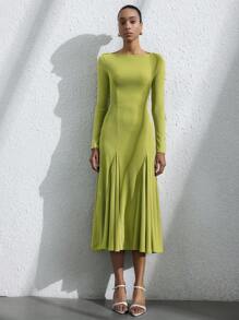 Aveloria Modichic Elegant French Style Waist Cinched Long Sleeve Crew Neck A-Line Dress, Slimming And Suitable For Resort Wear