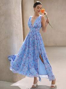 Aveloria 浪漫花卉雪纺梦幻印花褶腰无袖连衣裙，适合女士春季波西米亚风度假时尚风格全身印花，适合夏季春秋季 - 彩色 - 查看 1