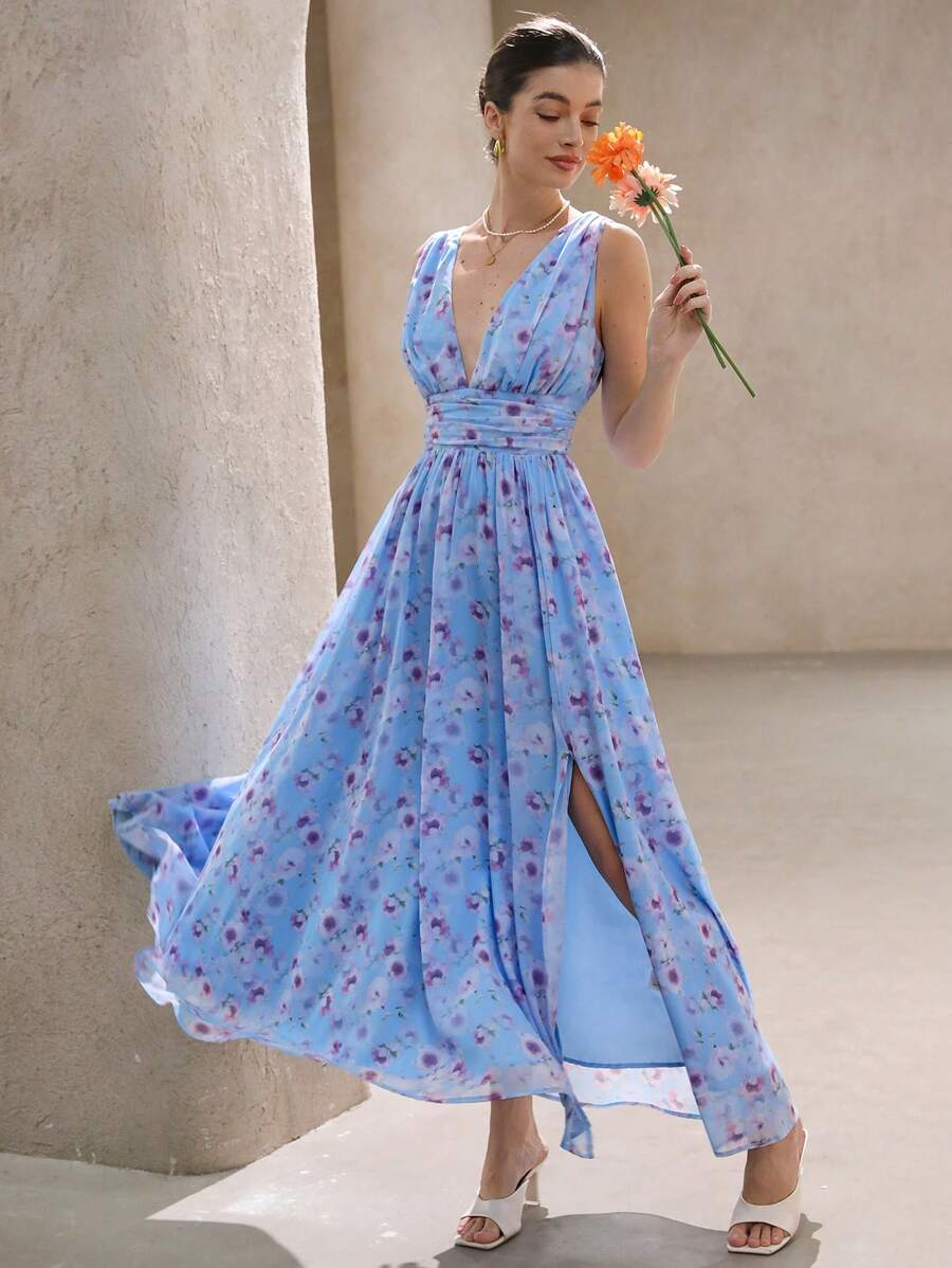 Aveloria 浪漫花卉雪纺梦幻印花褶腰无袖连衣裙，适合女士春季波西米亚风度假时尚风格全身印花，适合夏季春秋季 - 彩色 - 查看 1