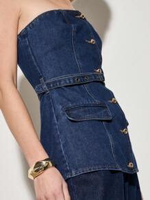 AiiRZ Top bandeau de mezclilla sin tirantes con detalle de botones delanteros y cinturón ajustable, inspirado en el estilo corsé de la moda callejera y de festivales del estilo Y2K