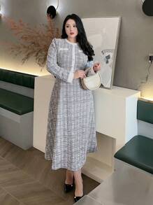 Dazy Petite Plus 大码拼色圆领中长连衣裙，黑白，90 年代春夏服装，秋季服装长袖格子连衣裙 - 黑與白 - 查看 8