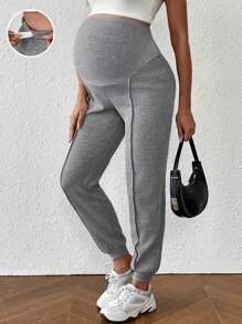 SHEIN Maternity Pants, Solid Color, Minimalist, Fashion, Casual, For Everyday Wear - Grey - View 3