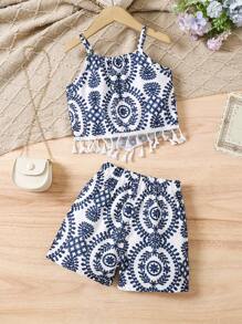 Conjunto de 2 piezas con top de tirantes y shorts con estampado integral y flecos para niña casual
