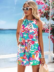 Vivid Eden 女士系带圆领印花休闲度假连体裤，女士度假装，女士沙滩装度假装 - 彩色 - 查看 6