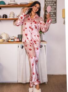 Imitation Silk Lips & Heart Pattern Cardigan & Pants Valentine's Day Pajama Set - Multicolor - View 6