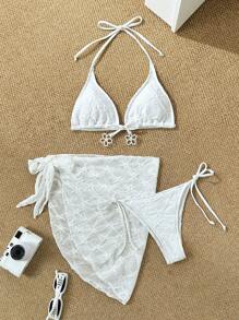 Swim Mod Women 3pcs/Set Knitted Beach Holiday Party Bikini & Cover Up Skirt, For Summer Vacation - White - View 6