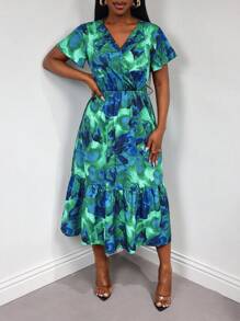 SHEIN LUNE Women V-Neck Printed Pattern Short Sleeve Dress - Multicolor - View 4