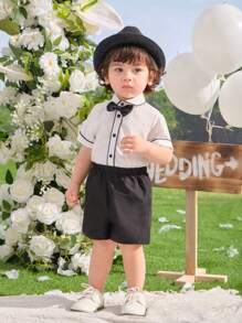 SHEIN 2 件套男婴黑白优雅花童领撞色丝带短袖衬衫和松紧腰短裤套装，适合生日派对、洗礼、1 岁生日、典礼、表演、婚礼场合 - 黑與白 - 查看 5