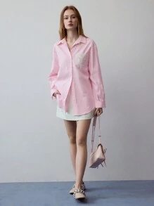 MOTF STUDIO 对比色蕾丝条纹衬衫 - 粉色 - 查看 6