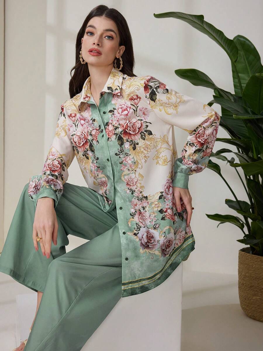 Mulvari 2 件套女士优雅花卉印花长袖上衣和裤子套装 - 彩色 - 查看 1