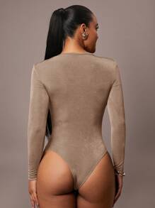 Silquee Women's Solid Color Olive Green Pleated Asymmetric Criss-Cross Long Sleeve Fitted Bodysuit, Stretch Knit, Classic Elegant Office & Casual Wear, Suitable For Autumn/Winter Layering Green Bodysuit Women Bodysuits Long Sleeve Bodysuit Green Body Suit - Khaki - View 7