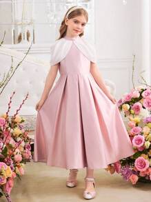 SHEIN 青少年女孩优雅撞色拼接工字背设计立领连衣裙 - 粉色 - 查看 9