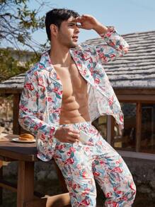 Manfinity ChillVibe Men's Floral Print Long Sleeve Top And Pants Pajama Set - Red and White - View 5