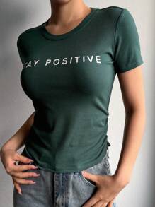 DAZY 女士休闲简约字母印花短袖 T 恤 - 綠色 - 查看 1