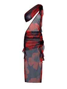 SHEIN Swim Springbreak 女式随机花卉印花不对称荷叶边镂空不对称领口沙滩罩衫 - 彩色 - 查看 7