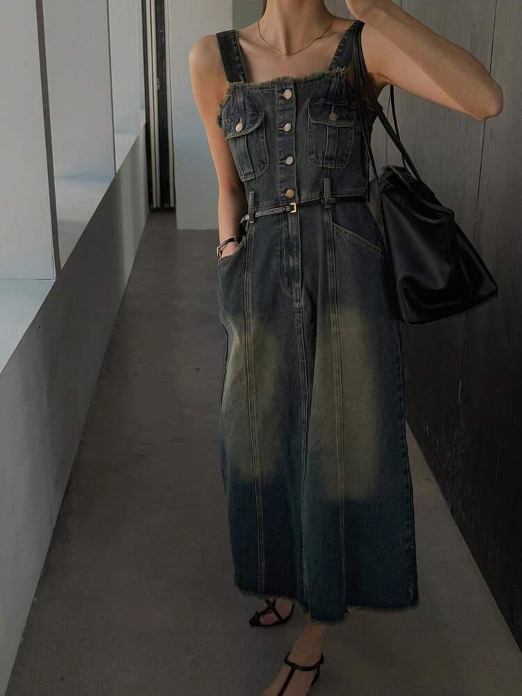 Women's Fringe Trimmed Denim Pinafore Dress Sundress Maxi Dress