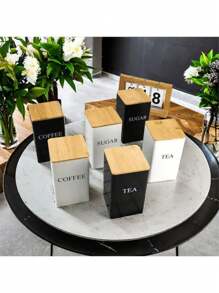 SHEIN Set de 3 botes cuadrados de metal con tapas de madera/hierro - Té, azúcar, café