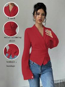 SHEIN PETITE 杏色 V 领系腰蝴蝶结优雅浪漫女士衬衫