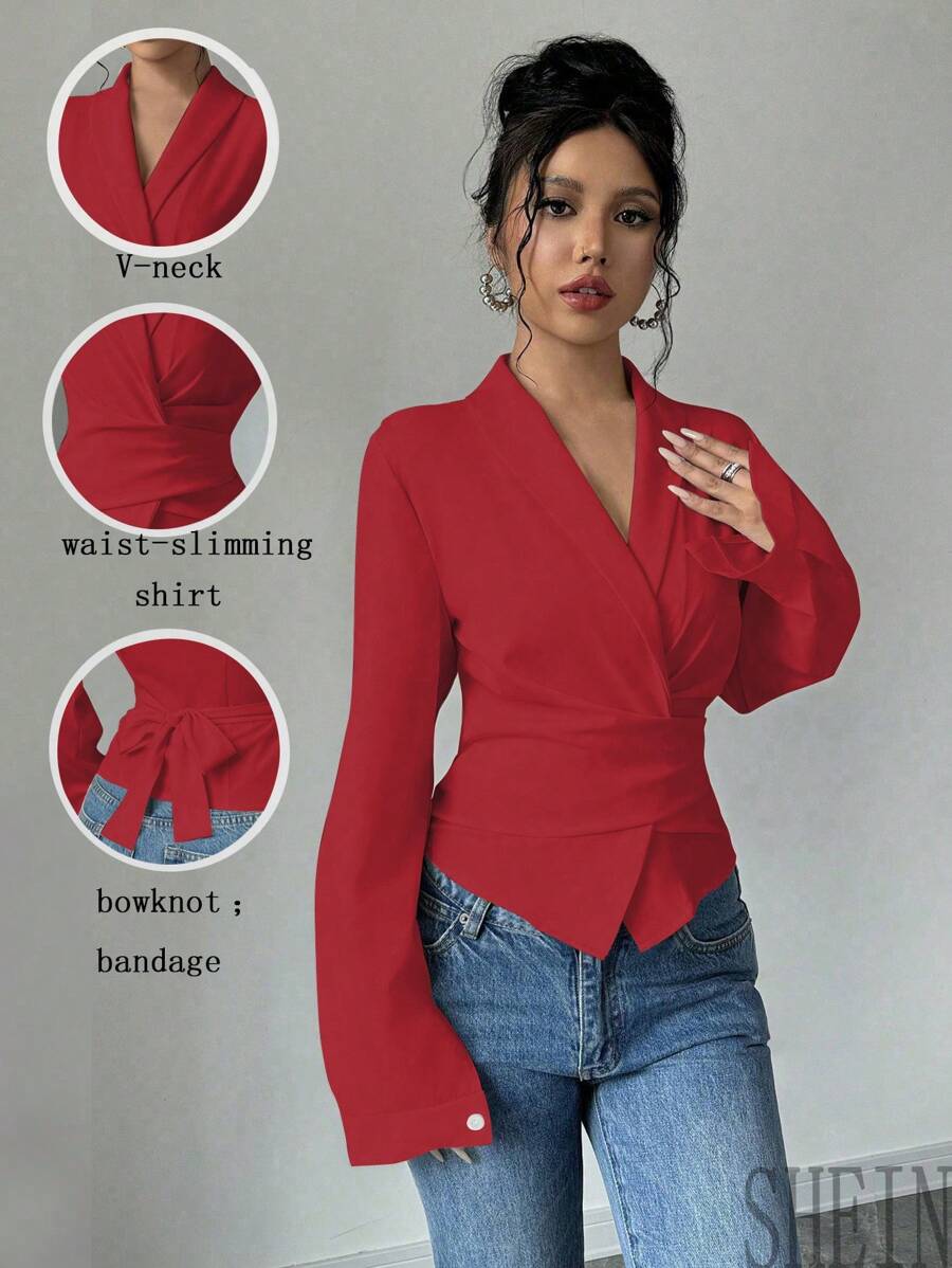 SHEIN PETITE 杏色 V 领系腰蝴蝶结优雅浪漫女士衬衫