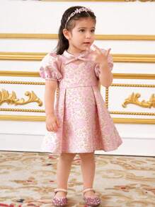 SHEIN 女婴甜美花卉提花和网眼拼接连衣裙，背面有大蝴蝶结，优雅简约的设计，粉色 - 粉色 - 查看 3