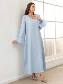 Al Najma Women's Solid Color V-Neck Furry Sleeve Arabian Dress,Modest - Blue - View 4