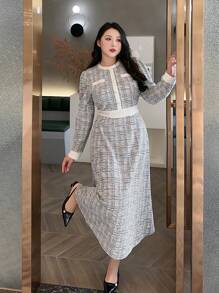 Dazy Petite Plus 大码拼色圆领中长连衣裙，黑白，90 年代春夏服装，秋季服装长袖格子连衣裙 - 黑與白 - 查看 1