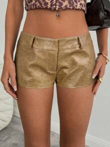 Aloruh 女士性感时尚复古纹理 PU 超短迷你皮短裤 - 卡其色 - 查看 1