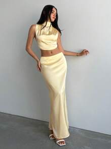 Aloruh Women Elegant Solid Stand Collar Sleeveless Top And Extra Long Skirt, 2 Pieces Set Valentine's Day Two Pieces Set Women Vacation Outfits Elegant Beach Outfits - Yellow - View 2