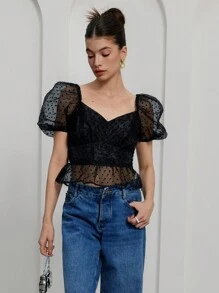 GENKIRA 女士优雅圆点欧根纱泡泡袖镂空腰部衬衫 - 黑色 - 查看 3