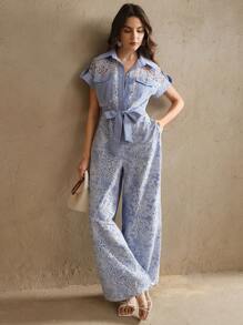 Anewsta 女士优雅度假蓝色蕾丝镂空腰带口袋直筒连体裤适合节日、外出、度假 - 藍色 - 查看 3