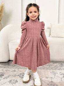SHEIN Cô Gái Trẻ Retro Đứng cổ áo Ống tay áo Sọc Tay áo dài Đầm - Hồng - Xem 2