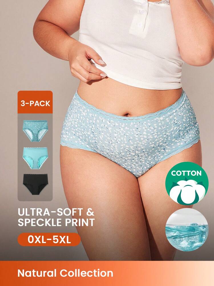 Plus 3-Pack Cotton Lace Trim High-Waist Briefs