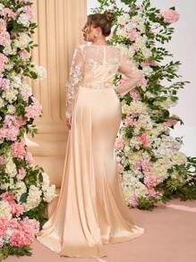 Glamrae Plus Size Champagne Elegant Floral Sequin Embroidery Patchwork Satin High Split Draped Luxury Formal Evening Gown, Wedding Guest Dress, Party Dress