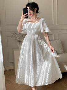 DAZY 女士方领荷叶边袖褶饰中长连衣裙