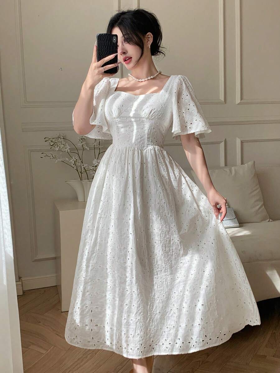 DAZY 女士方领荷叶边袖褶饰中长连衣裙