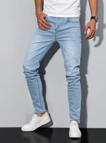 Manfinity Homme Men's Simple Ripped Pocket Casual Jeans, For Daily Wear - Light Wash - View 8